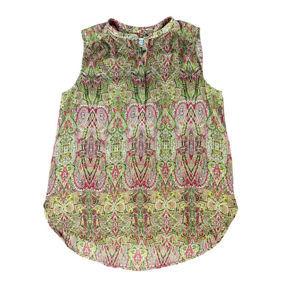 Liz Claiborne‎ Womens XL Green Pink Paisley Sleeveless Sheer Blouse Button Top